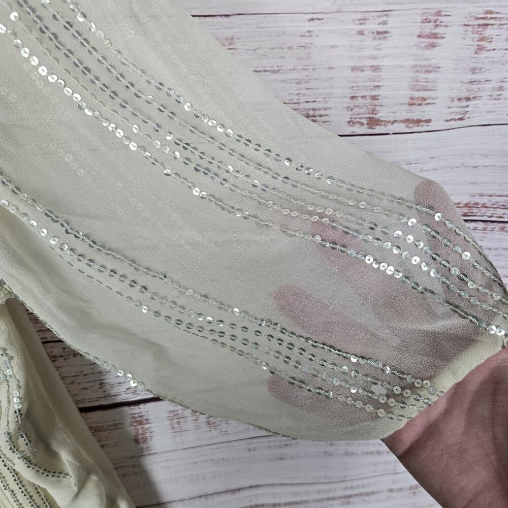 Carolina K Sequin Dress M Cream Cottagecore Sheer Sleeve Ruffle Tier Fairy Glam - Picture 7 of 15